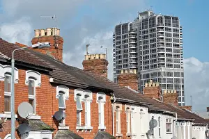 Wiltshire Prints: A view of the David Murry John building in Swindon Wiltshire showing Victorian terraced GWR railway homes