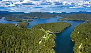 View of drone to the mountain lake. Rodopi mountain Bulgaria