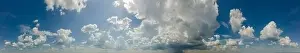 View from drone, panorama blue sky and white clouds, sun at sunset