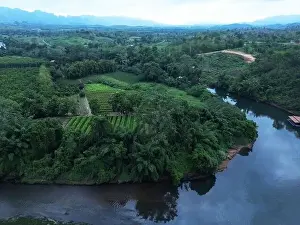 Kanchanaburi Prints: Top view from a drone on the river Kwai in the province Kanchanaburi of Thailand