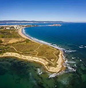 View of drone to the rocky beach near to Nessebar, Bulgaria