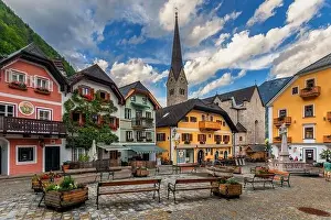 View of famous Hallstatt mountain village in the Austrian Alps at beautiful light in summer