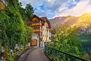 Upper Austria Prints: View of famous Hallstatt mountain village in the Austrian Alps at beautiful light in summer