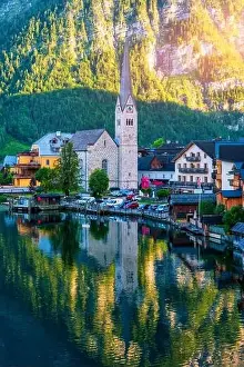 View of famous Hallstatt mountain village in the Austrian Alps at beautiful light in summer