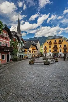 View of famous Hallstatt mountain village in the Austrian Alps at beautiful light in summer