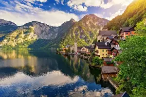 Salzburg Prints: View of famous Hallstatt mountain village in the Austrian Alps at beautiful light in summer