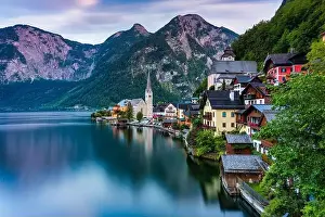 Salzburg Prints: View of famous Hallstatt mountain village in the Austrian Alps at beautiful light in summer