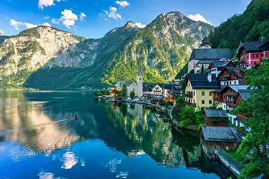 Salzburg Prints: View of famous Hallstatt mountain village in the Austrian Alps at beautiful light in summer