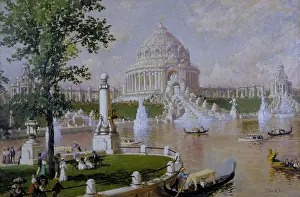 View of Festival Hall, Cascades, Terrace of States/ lagoon with gondolas, fountains in foreground/tall tree