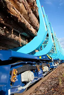 Upwards Prints: View of Finnish train's log transport flat car undercarriage and stake structure logs