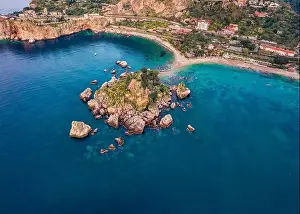 Bella Prints: View from flying drone. Aerial morning view of Bella island