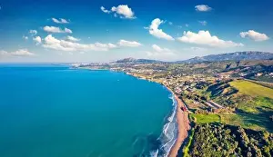 View from flying drone. Aerial morning view of Sciacca town