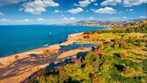 View from flying drone. Aerial morning view of Sciacca town
