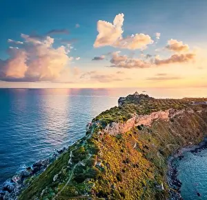 Milazzo Prints: View from flying drone. Aerial spring view of Milazzo lighthouse