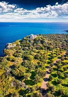 View from flying drone. Aerial spring view of Milazzo lighthouse
