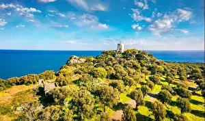View from flying drone. Aerial spring view of Milazzo lighthouse