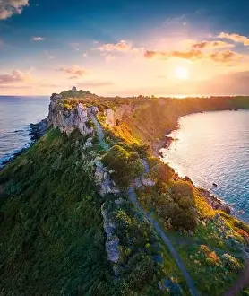 Milazzo Prints: View from flying drone. Aerial spring view of Milazzo lighthouse