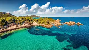 Corse Prints: View from flying drone. Aerial summer scene of Tamaricciu beach