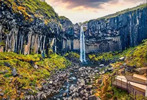 Svartifoss Prints: View from flying drone. Amazing morning view of famous Svartifoss (Black Fall) Waterfall