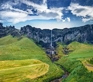 Torrent Prints: View from flying drone. Amazing summer view of Foss a Sidu Waterfall