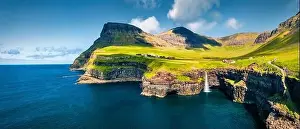 Gasadalur Prints: View from flying drone. Astonishing morning scene of Mulafossur Waterfall