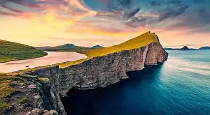 Bosdalafossur Prints: View from flying drone. Astonishing morning scene of Sorvagsvatn lake