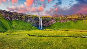 Seljalandsfoss Prints: View from flying drone. Attractive summer view of Seljalandsfoss waterfall