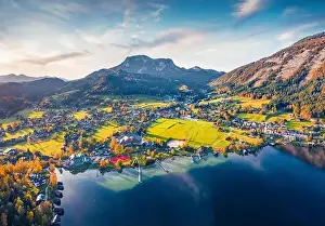 Village House Prints: View from flying drone. Awesome autumn scene of Altausseer lake