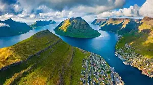 Bay Port Prints: View from flying drone. Awesome summer cityscape of Klaksvik town