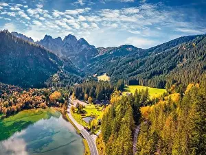 Village House Prints: View from flying drone. Breathtaking autumn view of Gosaubach lake