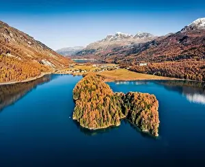 View from flying drone. Breathtaking autumn view of Sils lake