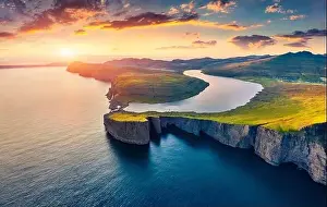 View from flying drone. Breathtaking evening scene of Sorvagsvatn lake