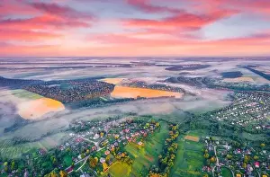 Marvelous Prints: View from flying drone. Breathtaking morning scene of Ukrainian countryside with field of wheat