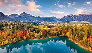 View from flying drone. Breathtaking morning scene of Urisee lake