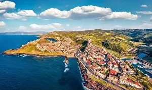 Tower Building Prints: View from flying drone. Breathtaking spring cityscape of Castelsardo port