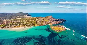 Village House Prints: View from flying drone. Breathtaking summer view of Falcone cape and Torre della Pelosa tower