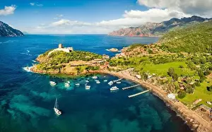 View from flying drone. Bright afternoon view of Port de Girolata - place