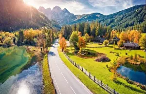 View from flying drone. Bright autumn view of Gosaubach lake
