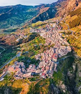 View from flying drone. Bright morning cityscape of Stilo town