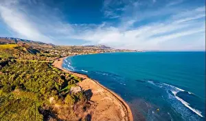 Sciacca Prints: View from flying drone. Bright morning view of Sciacca town