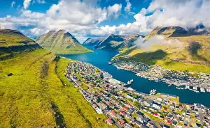 Klaksvik Prints: View from flying drone. Captivating summer cityscape of Klaksvik town