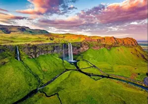 Seljalandsfoss Prints: View from flying drone. Captivating summer view of Seljalandsfoss waterfall