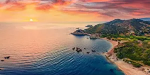 Euboea Prints: View from flying drone of Cheromylos beach with endless horizon