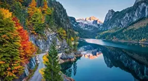 Enchanted Prints: View from flying drone. Colorful autumn view of Gosausee (Vorderer) lake with Dachstein glacieron background