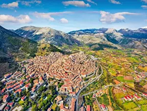 Calabro Prints: View from flying drone. Colorful spring cityscape of Morano Calabro town