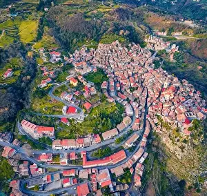 Novara Prints: View from flying drone. Top down cotyscape of Novara di Sicilia town