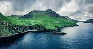 Vagar Prints: View from flying drone. Dramatic morning scene of Vagar island