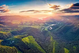 View from flying drone. Dramatic summer sunrise in Carpathian mountains