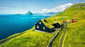Faroe Island Prints: View from flying drone. Dramatic summer view of Velbastadur village with typical turf-top houses