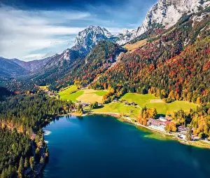 Hintersee Prints: View from flying drone. Exciting autumn scene of Hintersee lake